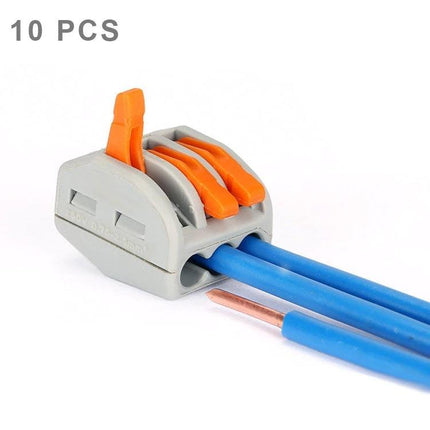 Universal 3 Pin Push Clamp Solderless Wire Connectors, Pack of 10 - gray and orange push-clamp connector joining three blue wires