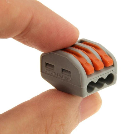 Universal 3 Pin Push Clamp Solderless Wire Connectors, Pack of 10 - hand holding gray-orange push-clamp connector for quick solderless wire joins