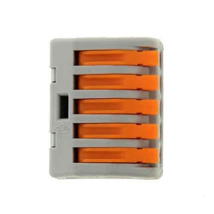 Universal 5-Pin Solderless Wire Connectors for Easy Wiring, 10 Pack - gray plastic connector with five orange levers, compact solderless wiring block
