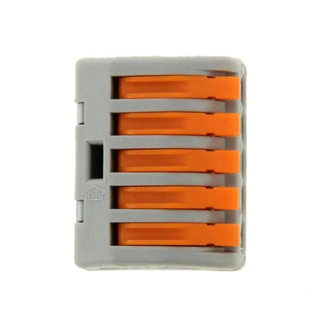 Universal 5-Pin Solderless Wire Connectors for Easy Wiring, 10 Pack - gray plastic connector with five orange levers, compact solderless wiring block