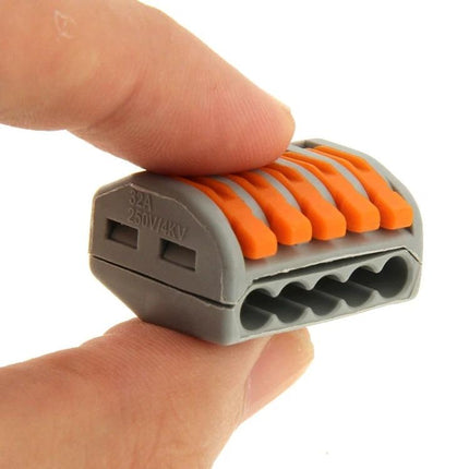 Universal 5-Pin Solderless Wire Connectors for Easy Wiring, 10 Pack held between fingers showing orange levers and wire ports