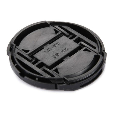 58mm Center Pinch Camera Lens Cap for Lens Protection - black plastic center-pinch lens cap shown on white background