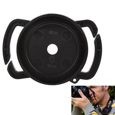 Protective Camera Lens Cap for 52-67mm and 58mm Lenses shown front view, black plastic snap-on protector for travel and outdoor use