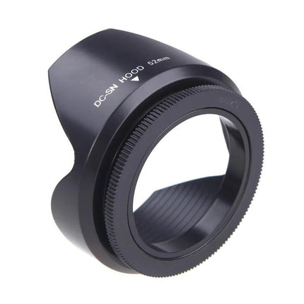 Alt Tag: 52mm Screw Mount Lens Hood for Protecting Camera Lenses from Flare fitted on black 52mm lens