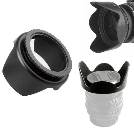 SP Series Petal-Shaped Lens Hood for 58mm Camera Lenses, Reduces Glare shown mounted on lens and standalone to block stray light