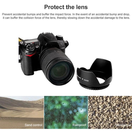 SP Series Petal-Shaped Lens Hood for 58mm Camera Lenses, Reduces Glare shown next to DSLR and examples of sand control, rainproof and sand stone protection