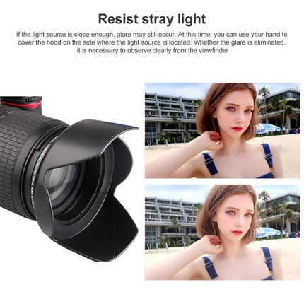 SP Series Petal-Shaped Lens Hood for 58mm Camera Lenses, Reduces Glare shown attached to camera lens demonstrating reduced glare in beach portrait shots