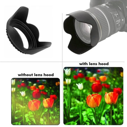 SP Series 72mm Petal-Shaped Lens Hood for Camera Light Control — petal lens hood shown on DSLR reducing flare and improving contrast