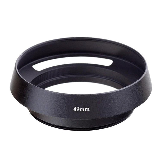 49mm Metal Vented Lens Hood for Leica Cameras - black metal 49mm vented hood shielding lens from glare and sunlight