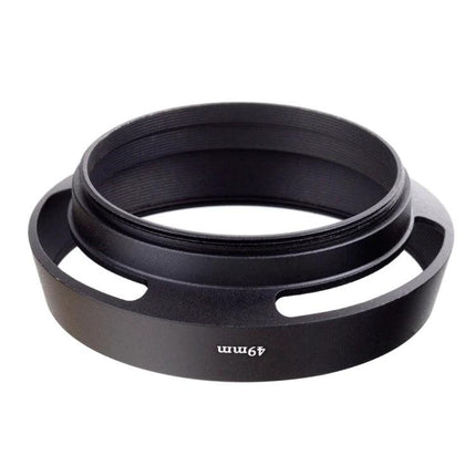 49mm Metal Vented Lens Hood for Leica Cameras mounted on 49mm lens, black metal vented design for glare reduction