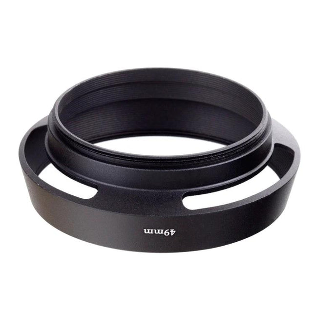 49mm Metal Vented Lens Hood for Leica Cameras mounted on 49mm lens, black metal vented design for glare reduction