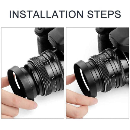 52mm Metal Vented Lens Hood for Reducing Glare on Cameras shown being installed on a camera lens to block flare