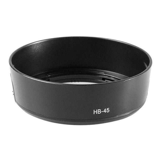 Lens Hood for Nikon Digital Cameras with HB-45 Compatibility — black round HB-45 lens hood blocking stray light and protecting lens