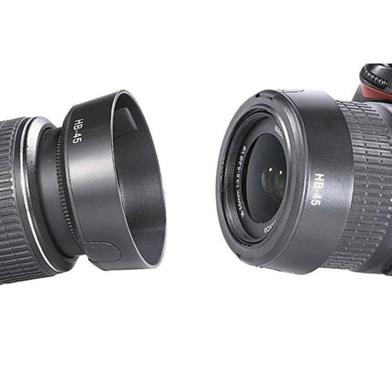 Lens Hood for Nikon Digital Cameras with HB-45 Compatibility shown attached and detached from camera lens to reduce flare and protect lens