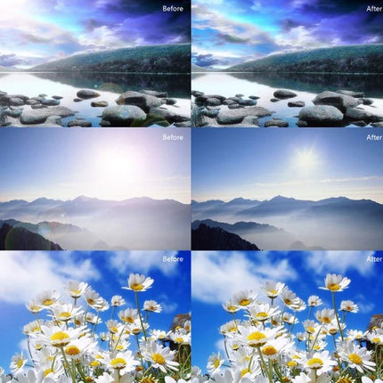 Lens Hood for Nikon Digital Cameras with HB-45 Compatibility shown with before and after outdoor photos reducing flare and improving contrast