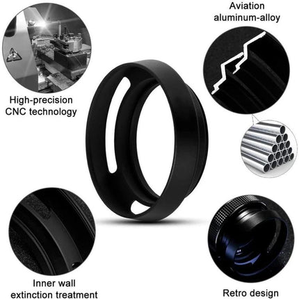 Durable Metal Vented Lens Hood for 58mm Camera Lenses shown with CNC-machined aluminum, vent slots, inner wall extinction treatment and retro design