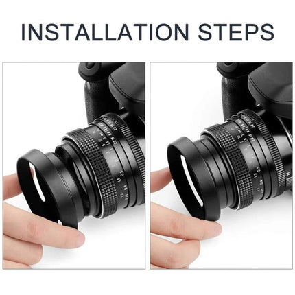 Durable Metal Vented Lens Hood for 58mm Camera Lenses installed on camera lens showing screw‑mount fitting and reduced glare