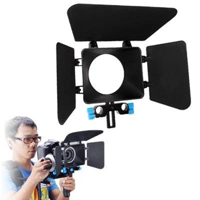 V-Matte Box with Adjustable Height for Light Shaping mounted on a camera with four barn doors reducing lens flare and shaping light