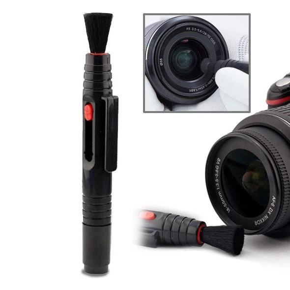 Two in One Lens Cleaning Pen for Cameras and Digital Lenses showing brush and cleaning tip beside camera lens