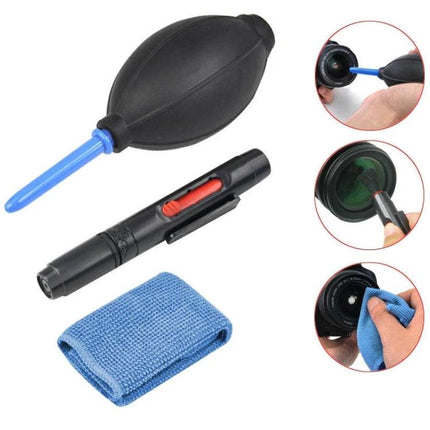 Practical 3-in-1 Cleaning Kit for Camera Lens Maintenance and Care - blower, lens pen, microfiber cloth set for safe dust and smudge removal