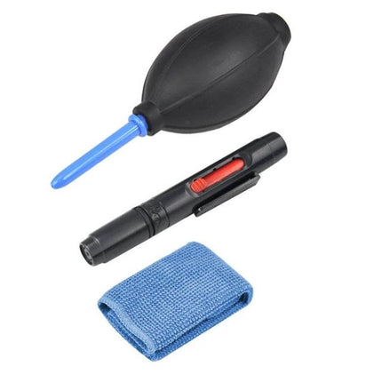 Practical 3-in-1 Cleaning Kit for Camera Lens Maintenance and Care — silicone air blower, pen cleaner, microfiber cloth for dust and smudge removal
