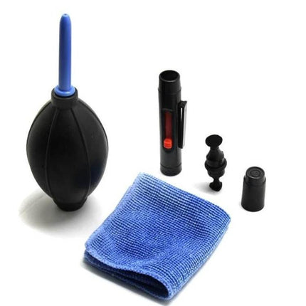 Practical 3-in-1 Cleaning Kit for Camera Lens Maintenance and Care with silicone blower, microfiber cloth, and brush pen