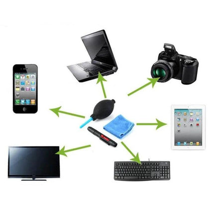 Practical 3-in-1 Cleaning Kit for Camera Lens Maintenance and Care - silicone blower, microfiber cloth, pen for lenses and screens