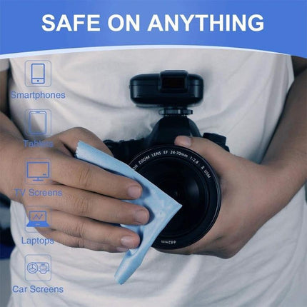 Soft Cleaning Cloths for Screens, Glasses and Phones, 70 Pack - microfiber cloth wiping a camera lens, streak-free cleaning for phones, glasses and screens