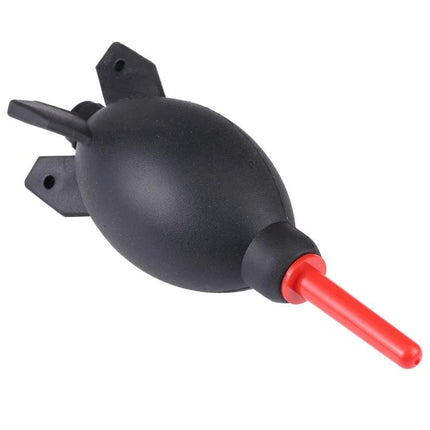 Rubber Dust Blower Ball for Cleaning Cameras and Electronics - black silicone blower with red nozzle for removing dust from lenses and keyboards