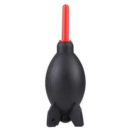 Rubber Dust Blower Ball for Cleaning Cameras and Electronics - black silicone blower with red nozzle for lenses and keyboards
