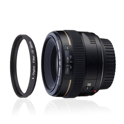 58mm UV Camera Lens Filter for Protection and UV Absorption attached next to 58mm camera lens showing slim protective UV filter for travel and landscape photography