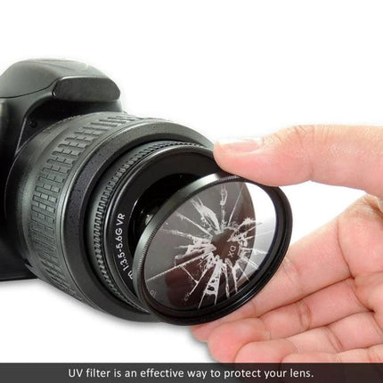 58mm UV Camera Lens Filter for Protection and UV Absorption on DSLR showing a cracked filter being removed to illustrate lens protection