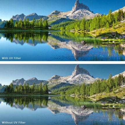 58mm UV Camera Lens Filter for Protection and UV Absorption shown improving mountain lake landscape clarity and reducing haze in side-by-side comparison