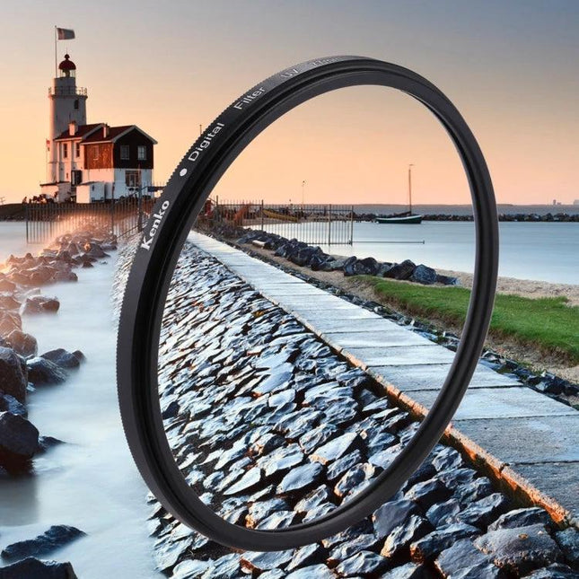 Kenko Optical 77mm UV Filter for Camera Lens Protection showing filter over coastal lighthouse landscape