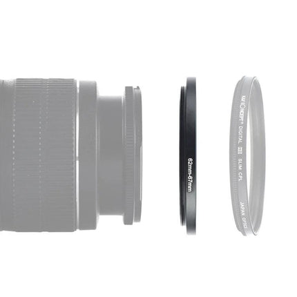 62mm to 67mm Step Up Adapter Ring for Camera Lenses shown between a 62mm lens and 67mm filter