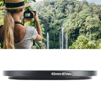 62mm to 67mm Step Up Adapter Ring for Camera Lenses mounted on a camera with scenic waterfall background