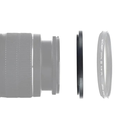 55mm to 58mm Lens Adapter Ring for Camera Filters shown between a 55mm lens and a 58mm filter for close-up photography
