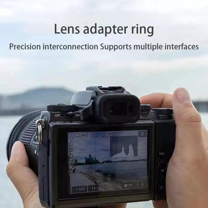 EOS Lens Adapter Ring for Micro 4/3 Camera Systems mounted on Micro 4/3 camera showing rear LCD and hand-held use