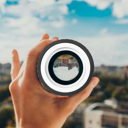 Adapter Ring for M42 Lenses to Canon EOS Camera Bodies showing handheld lens adapter with cityscape visible through glass