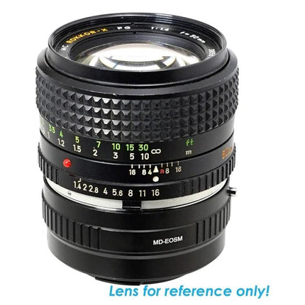 MD Lens Adapter Ring for Canon EOS M Camera Mounting attached to legacy MD lens on white background