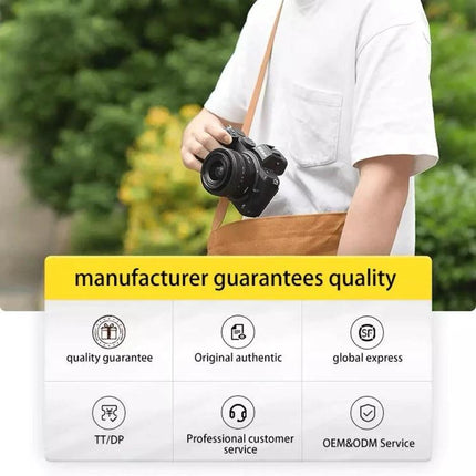 MD Lens Adapter Ring for Canon EOS M Camera Mounting shown attached to DSLR-style camera held by photographer with guarantee icons