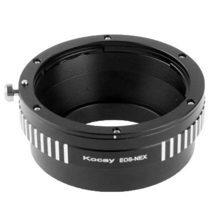 EOS to NEX Lens Mount Adapter Ring for Photography Use black metal adapter shown from top angle, compatible with EOS lenses on NEX bodies
