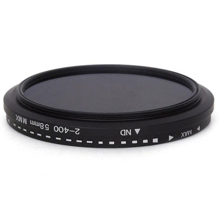 Variable Neutral Density Filter 58mm for Photography and Videography — slim adjustable ND2 to ND400 filter for controlling exposure and motion blur