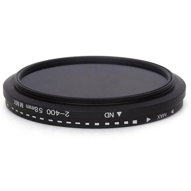 Variable Neutral Density Filter 58mm for Photography and Videography — slim adjustable ND2 to ND400 filter for controlling exposure and motion blur
