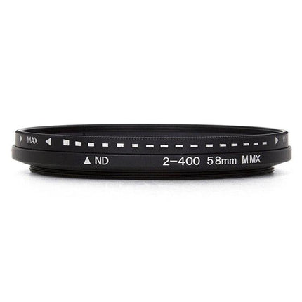 Variable Neutral Density Filter 58mm for Photography and Videography — slim 58mm ND2–ND400 adjustable filter for motion blur and shallow depth of field
