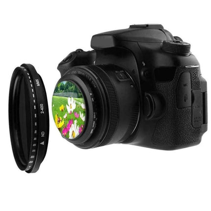 Variable Neutral Density Filter 58mm for Photography and Videography installed on DSLR lens showing landscape reflection