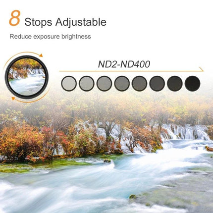 Variable Neutral Density Filter 58mm for Photography and Videography showing ND2-ND400 8-stop adjustable tones for motion blur and exposure control