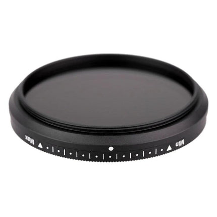 52mm Adjustable Neutral Density Filter for Outdoor Photography shown as a slim black circular adjustable ND filter with marked dial