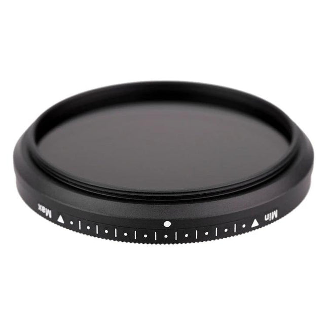 52mm Adjustable Neutral Density Filter for Outdoor Photography shown as a slim black circular adjustable ND filter with marked dial