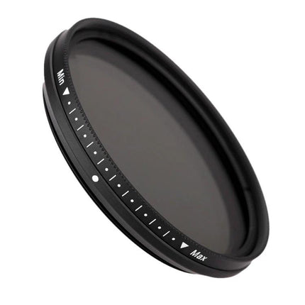 52mm Adjustable Neutral Density Filter for Outdoor Photography - circular variable ND filter showing Min to Max adjustment markings